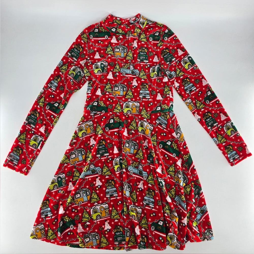 Red Fit and Flare Long Sleeve Dress‎ with Peter Pan Collar